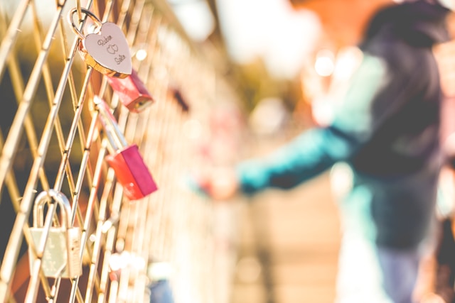 Padlocks attached to a chain fence. One is shaped like a loveheart