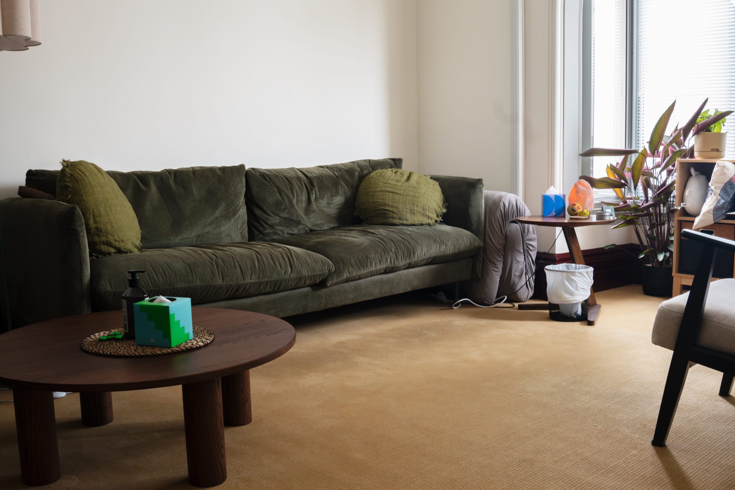 Green couch in therapy room